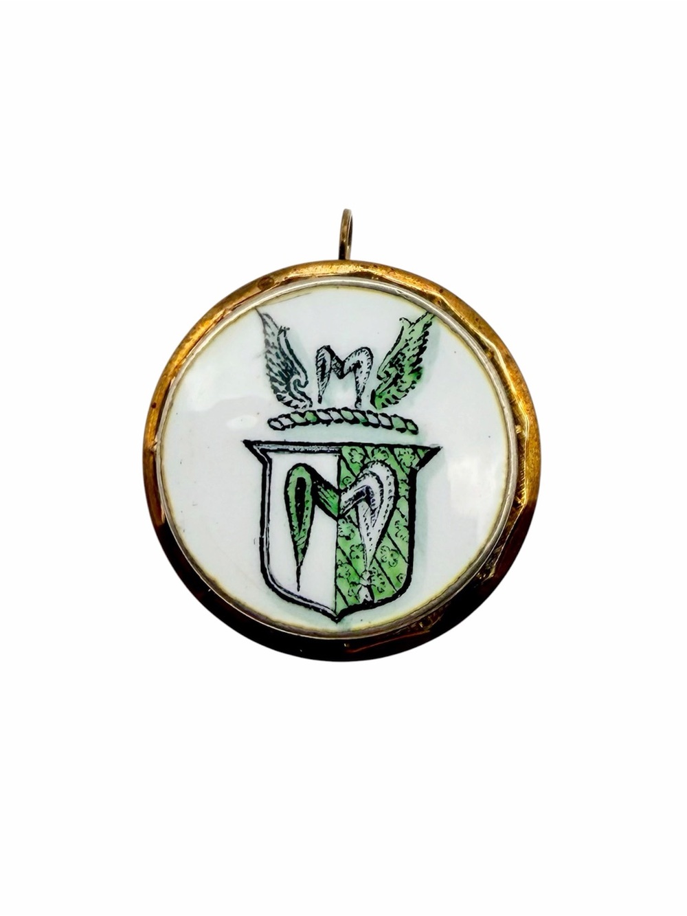 Antique Gold Filled Reverse Hand Painted White Glass Heraldic jewelry pendant /